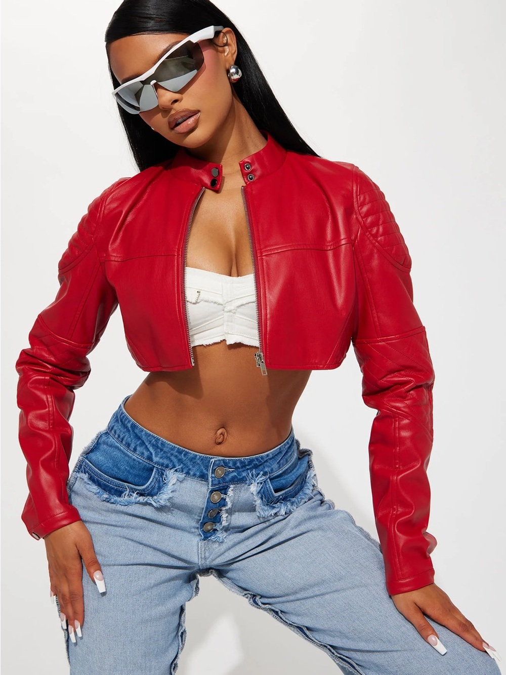 Red Faux Leather Cropped Jacket Zipper Closure & Button Details Brand New